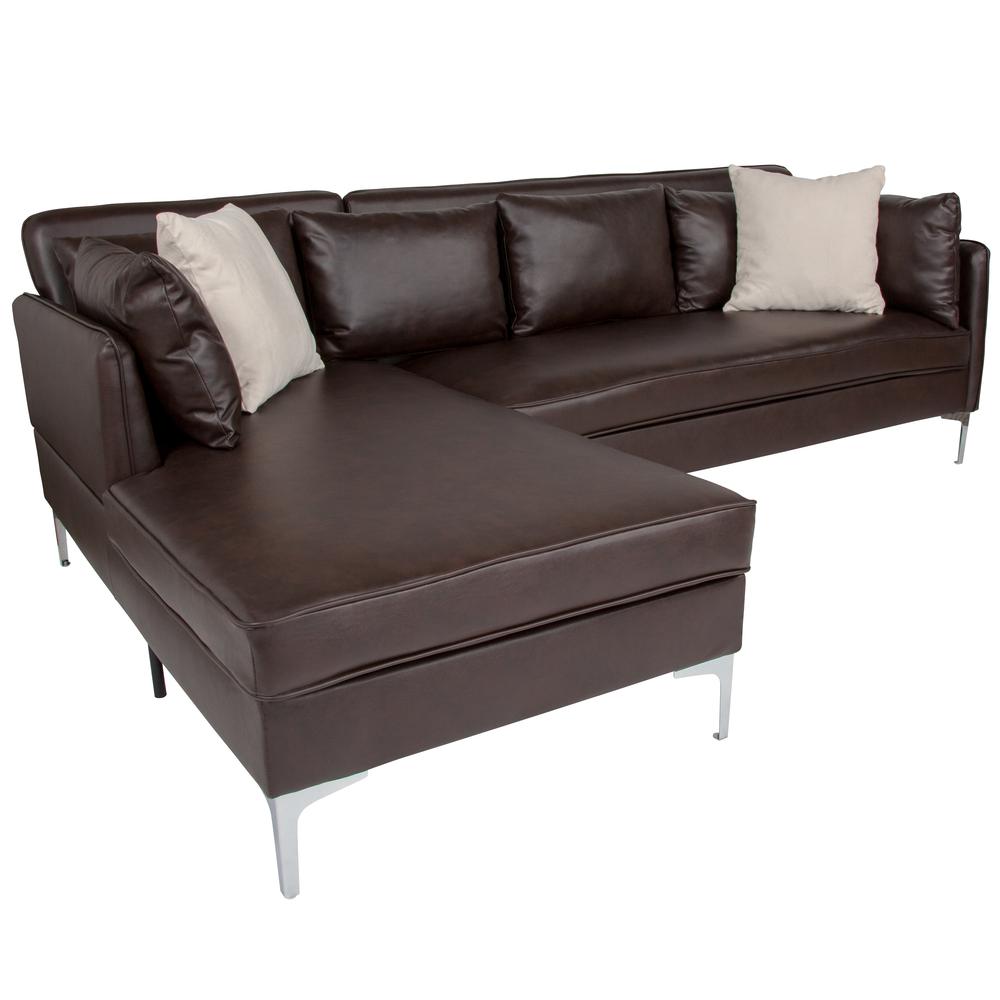 Upholstered Accent Pillow Back Sectional with Left Side Facing Chaise in Brown LeatherSoft