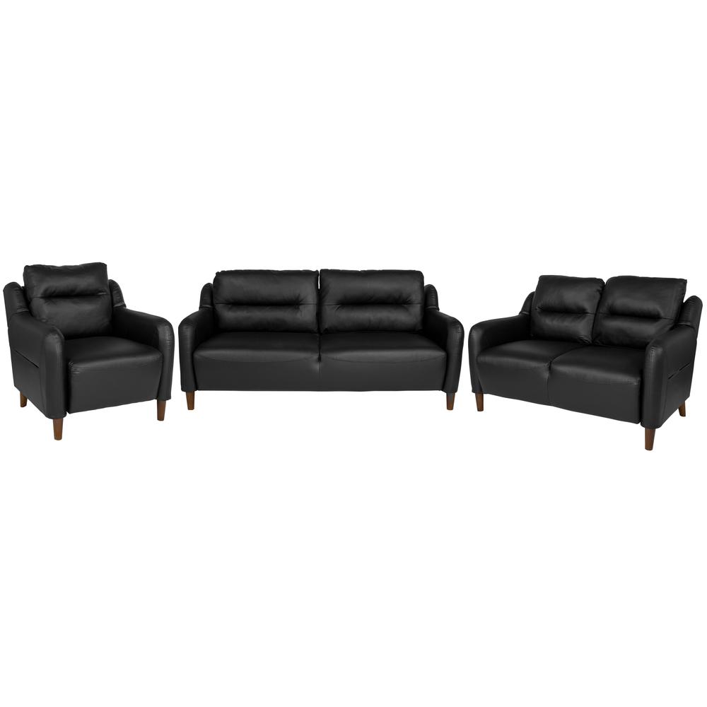 Upholstered Bustle Back Chair, Loveseat and Sofa Set in Black LeatherSoft