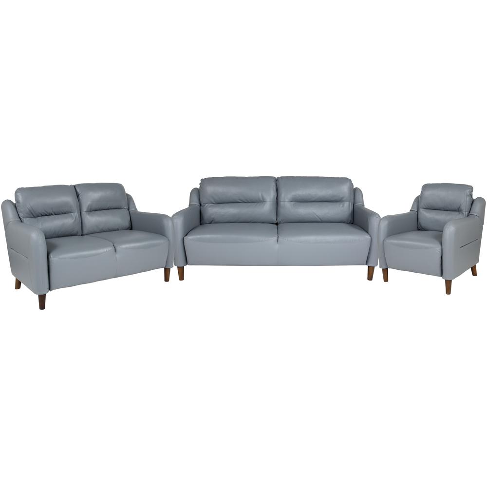 Upholstered Bustle Back Chair, Loveseat and Sofa Set in Gray LeatherSoft