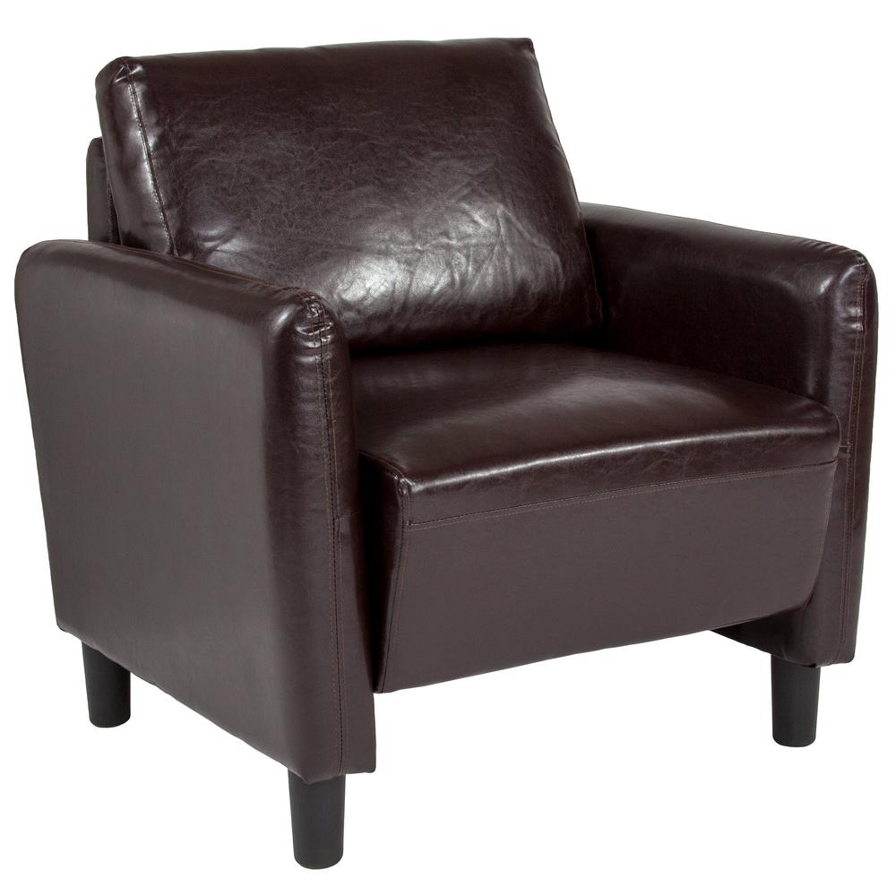 Upholstered Living Room Chair with Extended Side Panels and Rounded Arms in Brown LeatherSoft