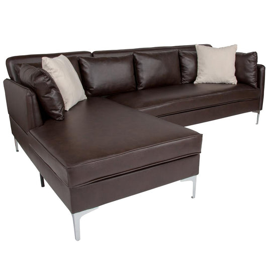 Upholstered Accent Pillow Back Sectional with Left Side Facing Chaise in Brown LeatherSoft