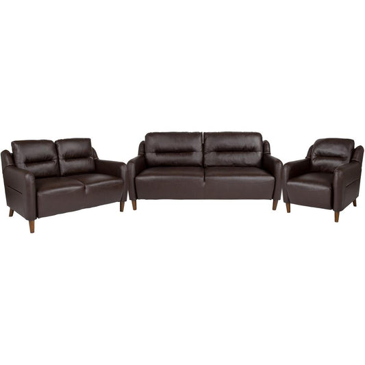 Upholstered Bustle Back Chair, Loveseat and Sofa Set in Brown LeatherSoft