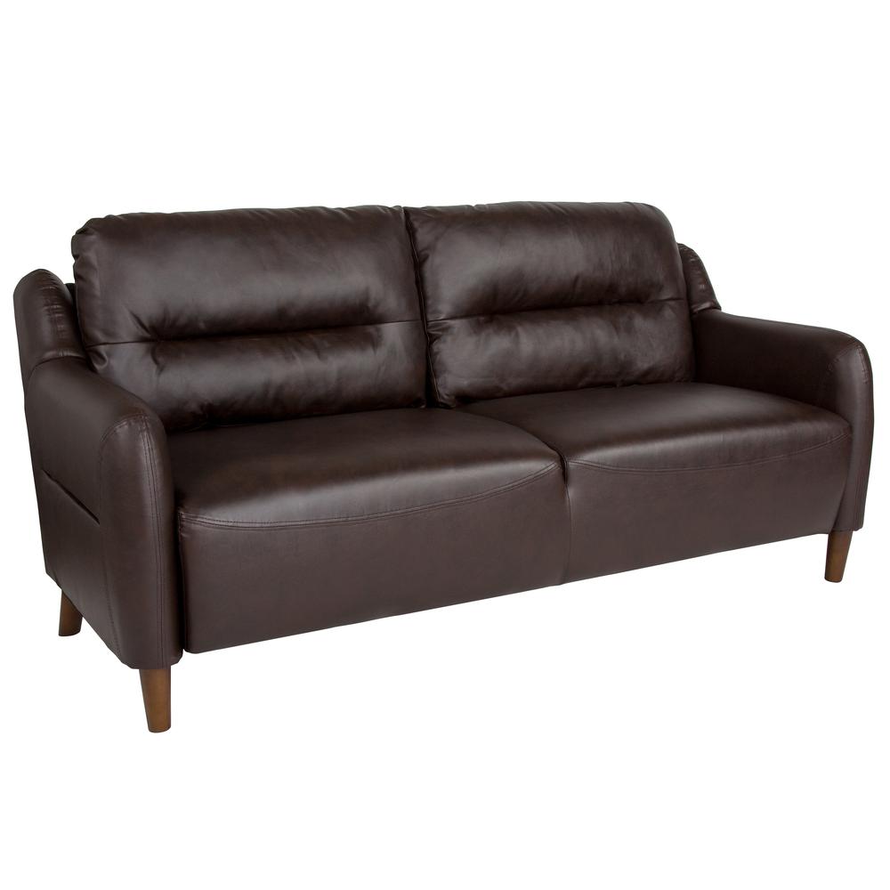 Upholstered Bustle Back Sofa in Brown LeatherSoft