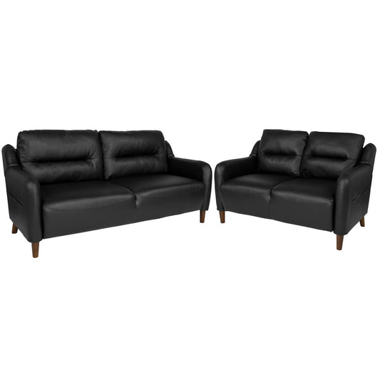 Upholstered Bustle Back Loveseat and Sofa Set in Black LeatherSoft
