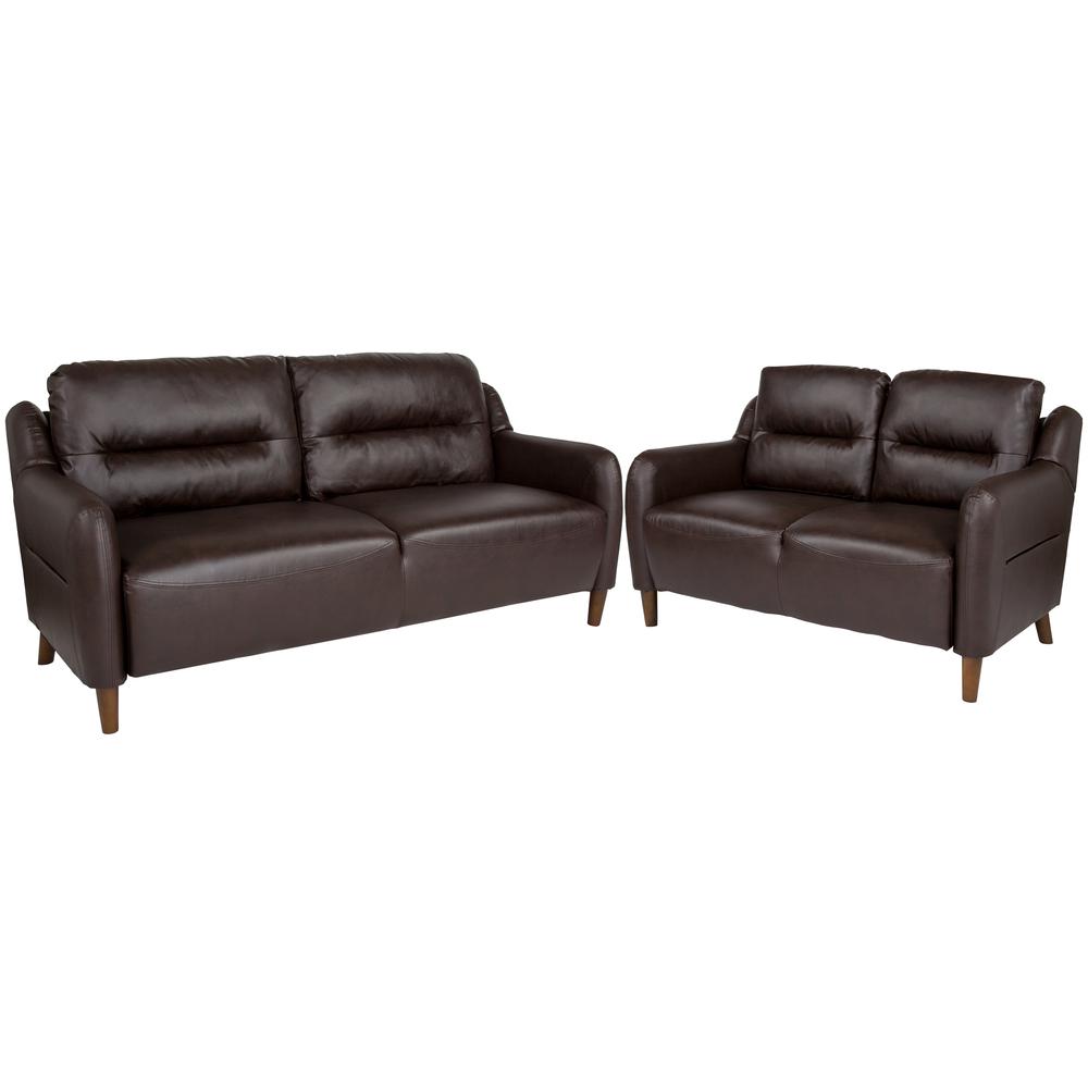 Upholstered Bustle Back Loveseat and Sofa Set in Brown LeatherSoft
