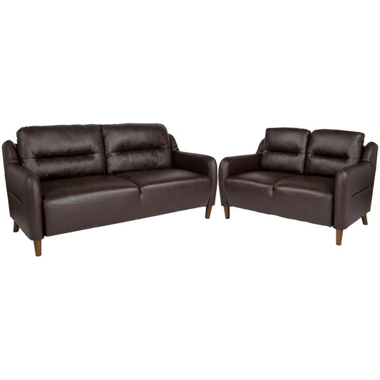 Upholstered Bustle Back Loveseat and Sofa Set in Brown LeatherSoft