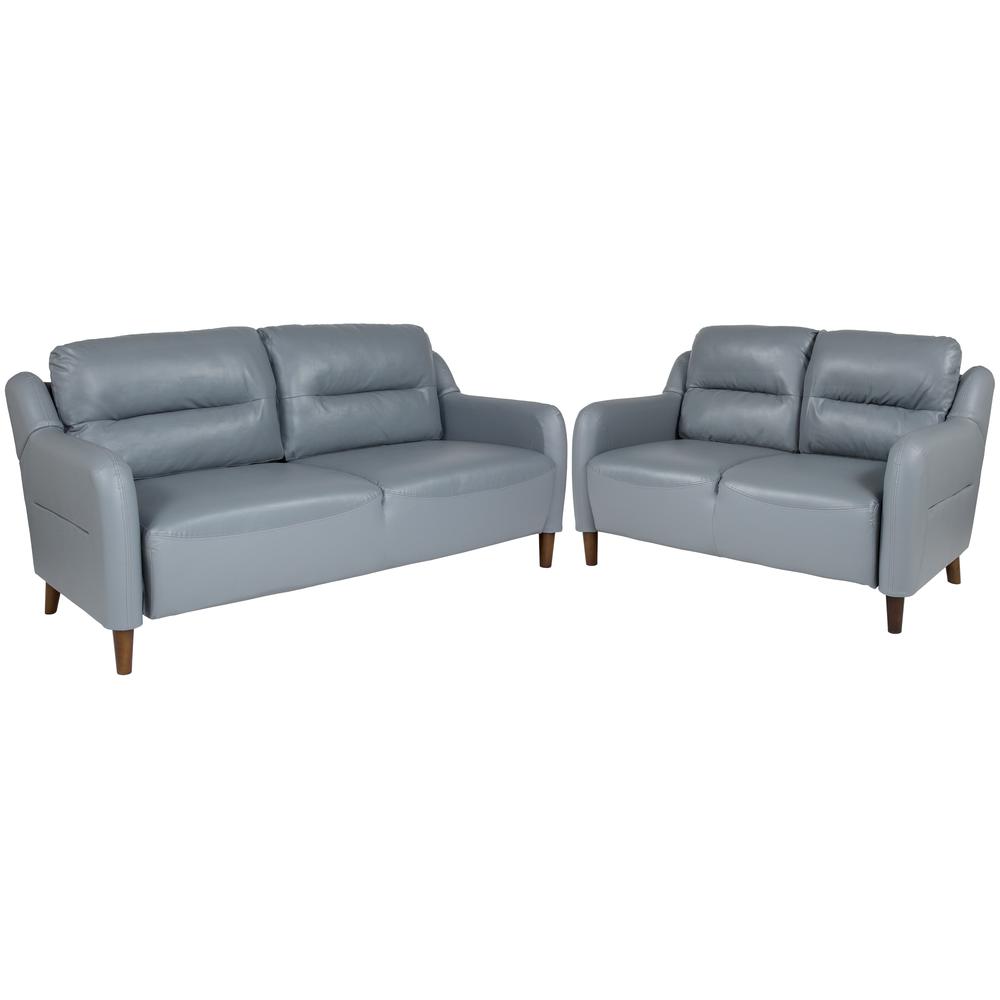 Upholstered Bustle Back Loveseat and Sofa Set in Gray LeatherSoft