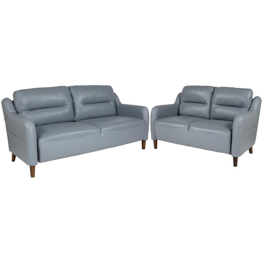 Upholstered Bustle Back Loveseat and Sofa Set in Gray LeatherSoft