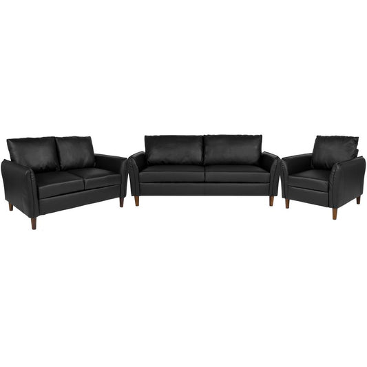 Upholstered Plush Pillow Back Chair, Loveseat and Sofa Set in Black LeatherSoft