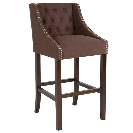 30" High Transitional Tufted Walnut Barstool-Accent Nail Trim in Brown Fabric