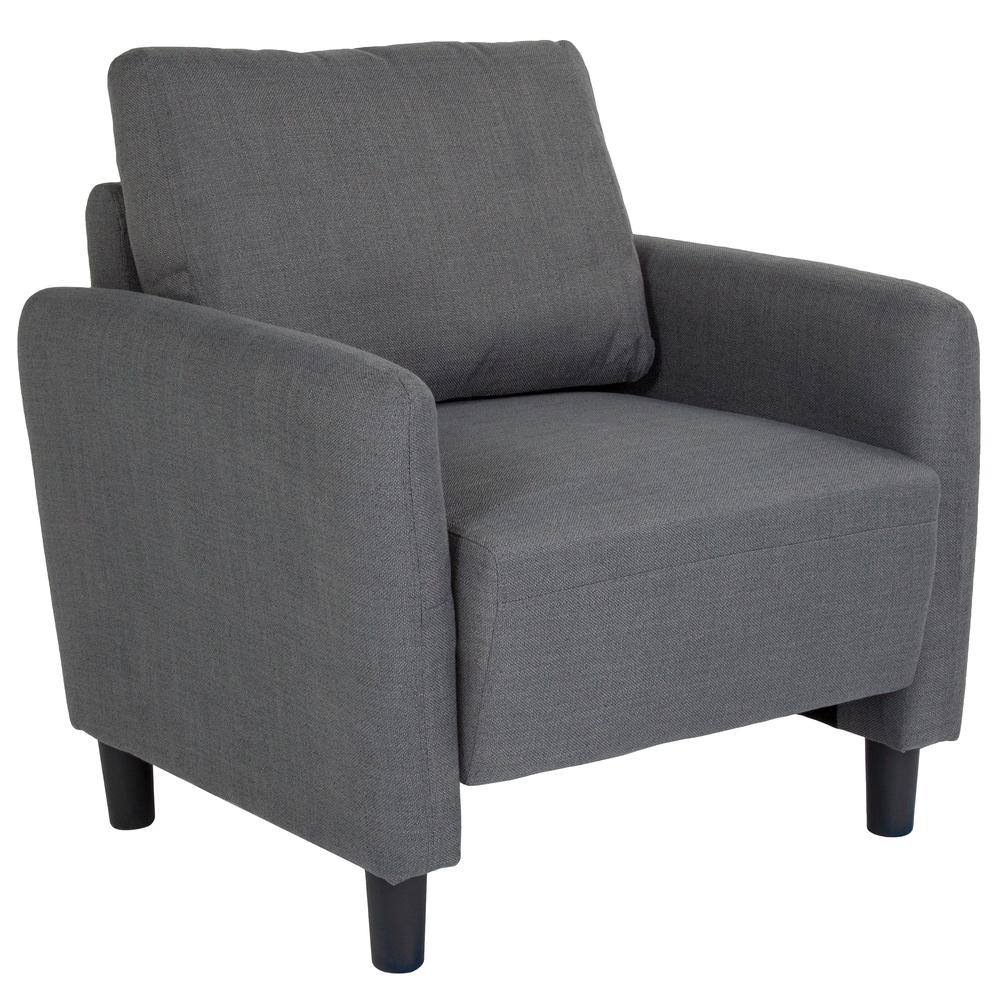 Upholstered Living Room Chair with Extended Side Panels and Rounded Arms in Dark Gray Fabric