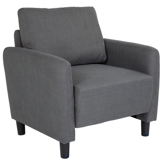 Upholstered Living Room Chair with Extended Side Panels and Rounded Arms in Dark Gray Fabric