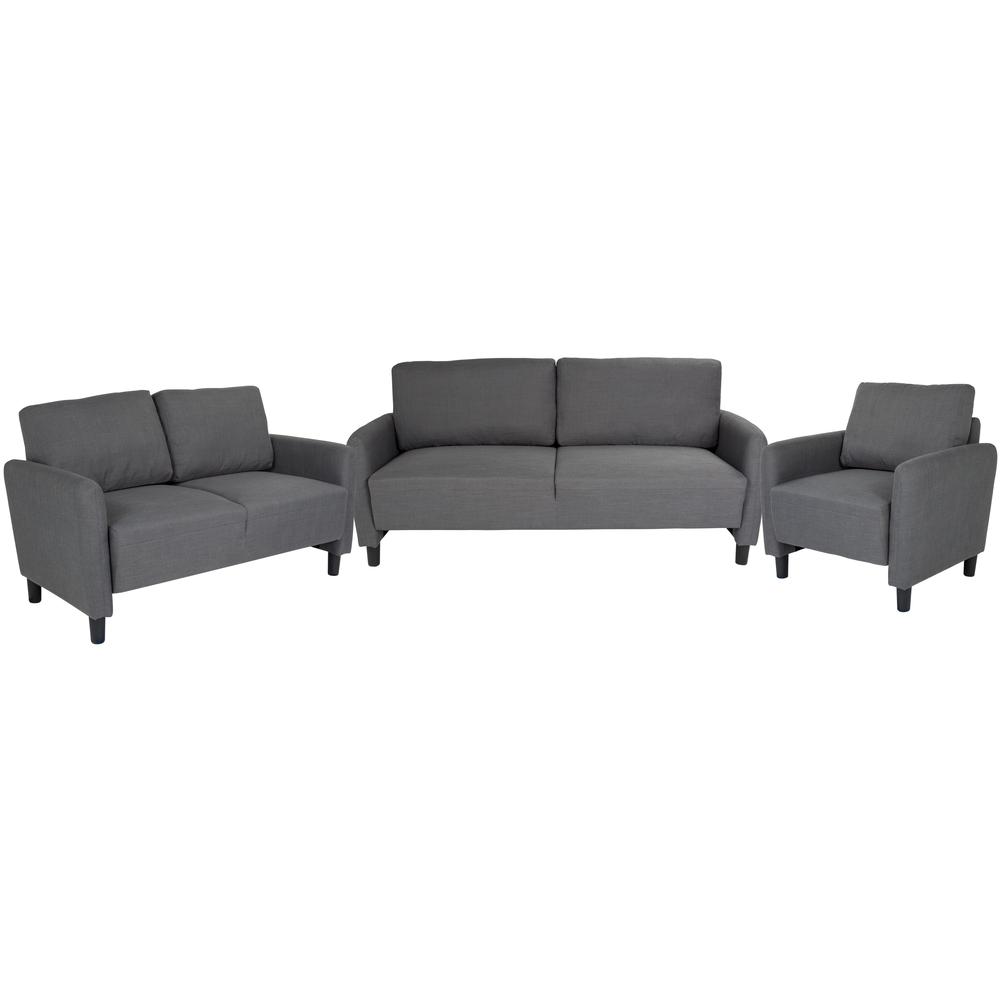 3 Piece Upholstered Living Room Set with Extended Side Panels and Rounded Arms in Dark Gray Fabric