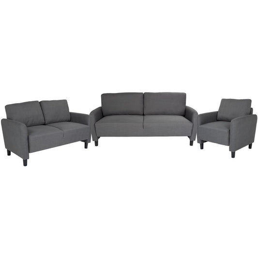 3 Piece Upholstered Living Room Set with Extended Side Panels and Rounded Arms in Dark Gray Fabric