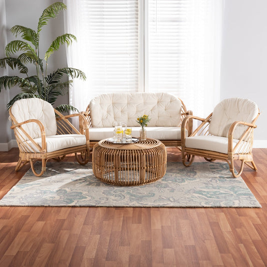 Aliane Modern Bohemian Natural Brown Antique Rattan 4-piece Living Room Set