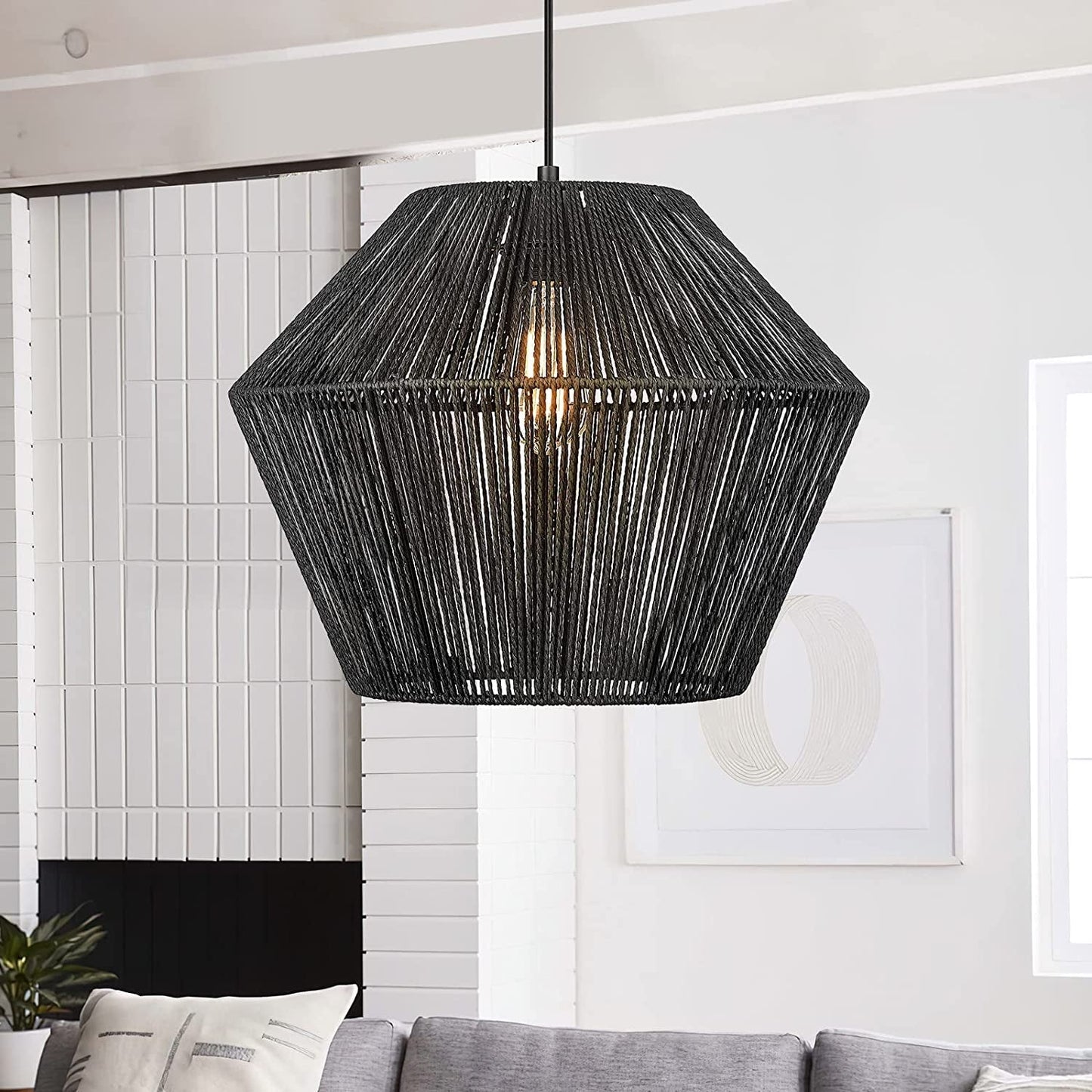 Woven Pendant Light Fixtures, ELYONA 7" Farmhouse Coastal Hanging Lamp with Matte Black Handwoven Rattan Basket Shade Modern Boho Pendant Light for Kitchen Island Dining Room Bar Bedroom Foyer Hallway