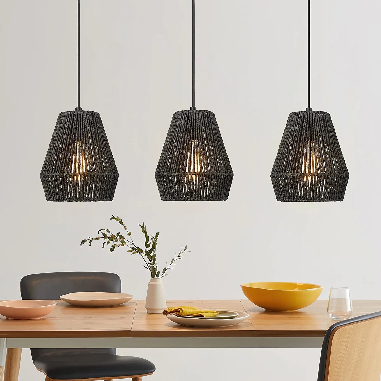 Woven Pendant Light Fixtures, ELYONA 7" Farmhouse Coastal Hanging Lamp with Matte Black Handwoven Rattan Basket Shade Modern Boho Pendant Light for Kitchen Island Dining Room Bar Bedroom Foyer Hallway
