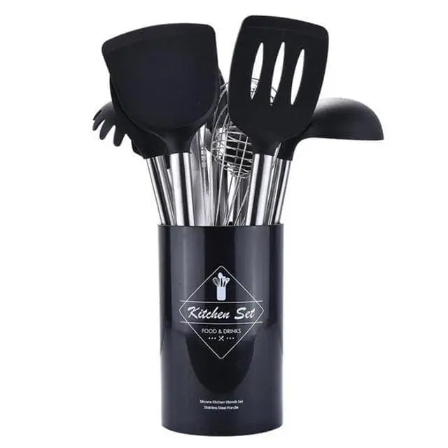 Zero Waste Co - 9pcs/set Stainless Steel Silicone Kitchen Utensil Set with Storage Bucket