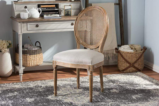 Adelia French Vintage Cottage Weathered Oak Finish Wood and Beige Fabric Upholstered Dining Side Chair with Round Cane Back