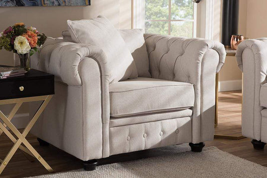 Alaise Modern Classic Beige Linen Tufted Scroll Arm Chesterfield Chair