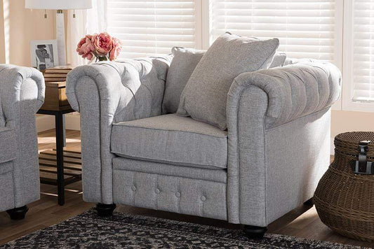 Alaise Modern Classic Grey Linen Tufted Scroll Arm Chesterfield Chair