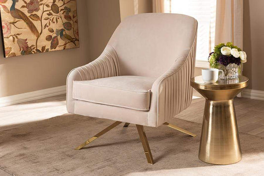 Amaya Luxe and Glamour Light Beige Velvet Fabric Upholstered Gold Finished Base Lounge Chair