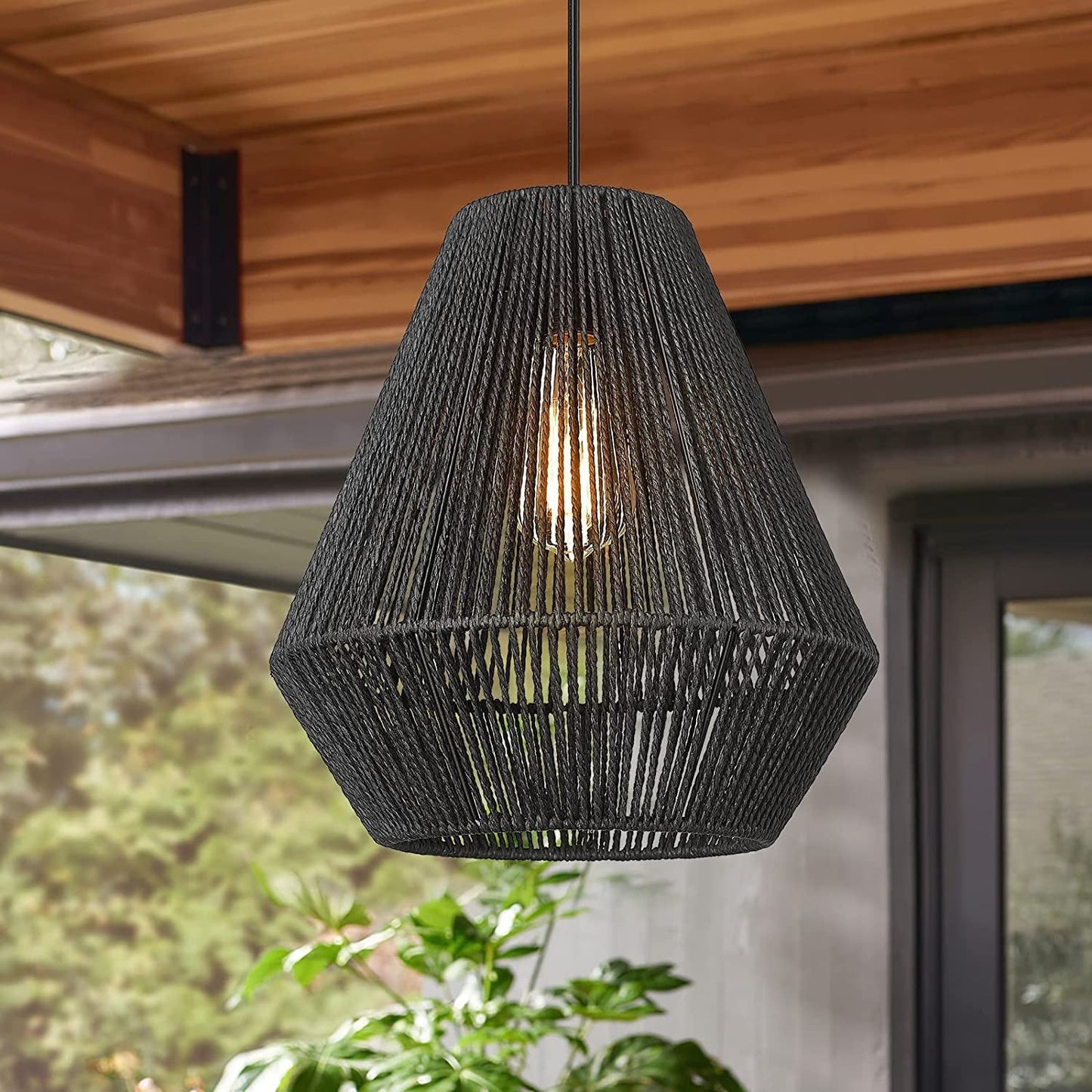 Woven Pendant Light Fixtures, ELYONA 7" Farmhouse Coastal Hanging Lamp with Matte Black Handwoven Rattan Basket Shade Modern Boho Pendant Light for Kitchen Island Dining Room Bar Bedroom Foyer Hallway