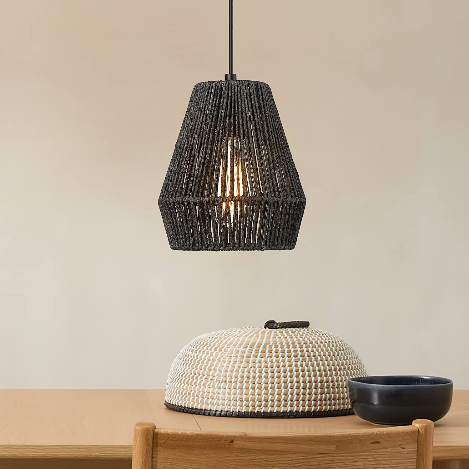 Woven Pendant Light Fixtures, ELYONA 7" Farmhouse Coastal Hanging Lamp with Matte Black Handwoven Rattan Basket Shade Modern Boho Pendant Light for Kitchen Island Dining Room Bar Bedroom Foyer Hallway