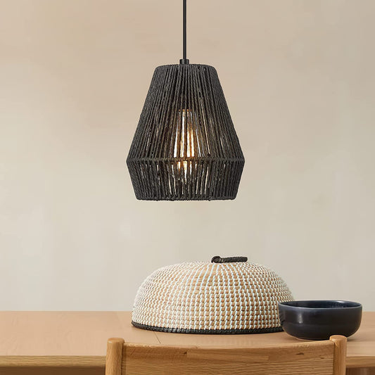 Woven Pendant Light Fixtures, ELYONA 7" Farmhouse Coastal Hanging Lamp with Matte Black Handwoven Rattan Basket Shade Modern Boho Pendant Light for Kitchen Island Dining Room Bar Bedroom Foyer Hallway