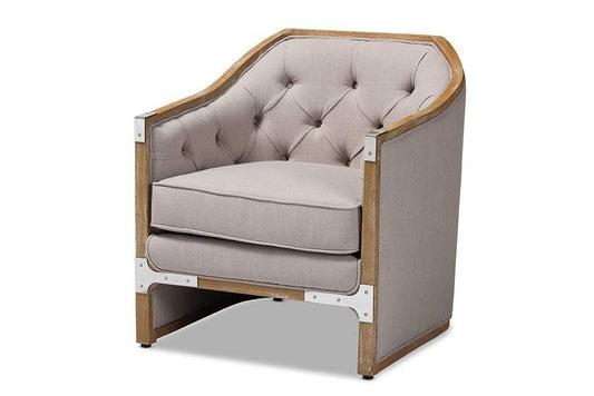 Terina French Country Industrial Grey-Beige Fabric Upholstered Whitewashed Oak Wood Armchair with Metal Accents