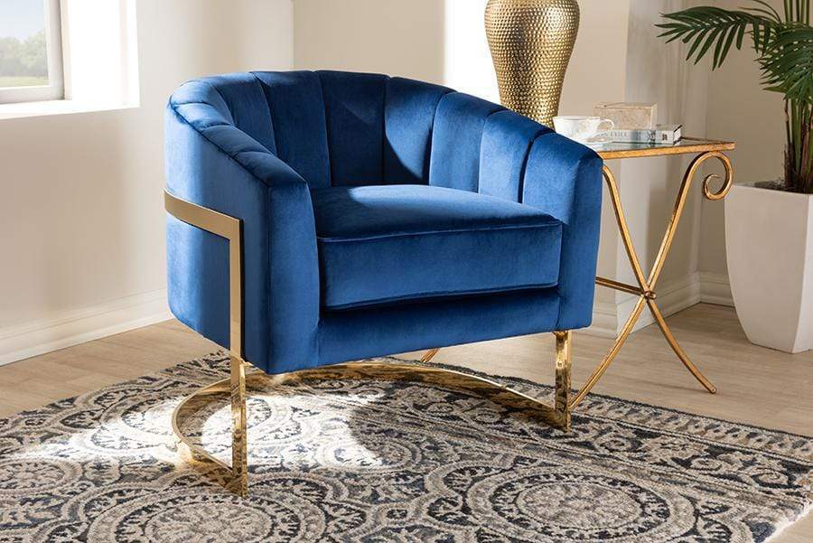 Tomasso Glam Royal Blue Velvet Fabric Upholstered Gold-Finished Lounge Chair