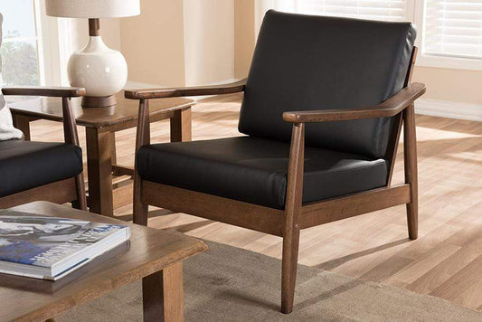 Venza Mid-Century Modern Walnut Wood Black Faux Leather Lounge Chair