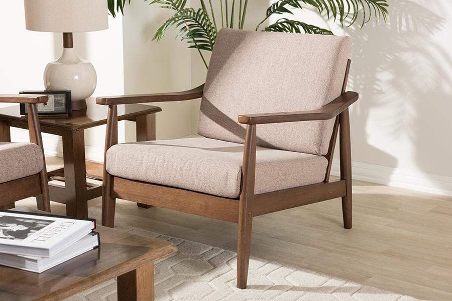 Venza Mid-Century Modern Walnut Wood Light Brown Fabric Upholstered Lounge Chair