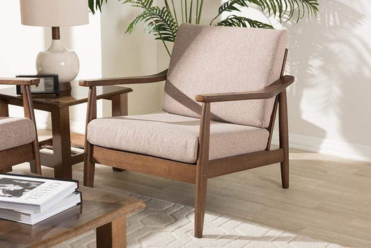 Venza Mid-Century Modern Walnut Wood Light Brown Fabric Upholstered Lounge Chair
