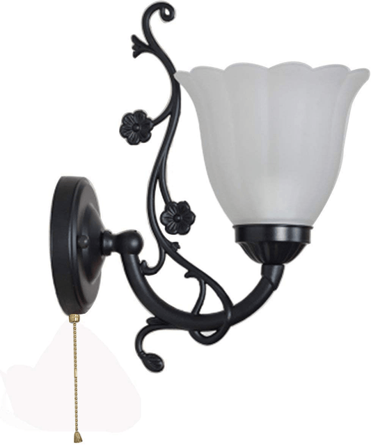 Wall Lamp with Pull Chain Switch E27 Simple LED Living Room Staircase Balcony Wall Sconces Bedroom Bed Lamp Glass Lampshade