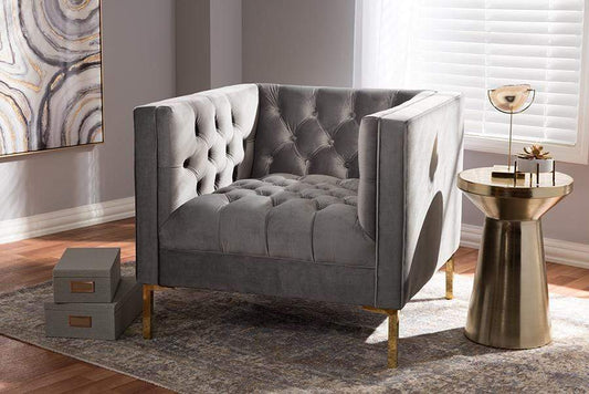 Zanetta Luxe and Glamour Grey Velvet Upholstered Gold Finished Lounge Chair
