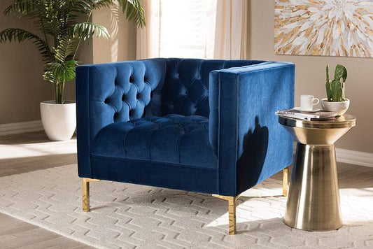 Zanetta Luxe and Glamour Navy Velvet Upholstered Gold Finished Lounge Chair
